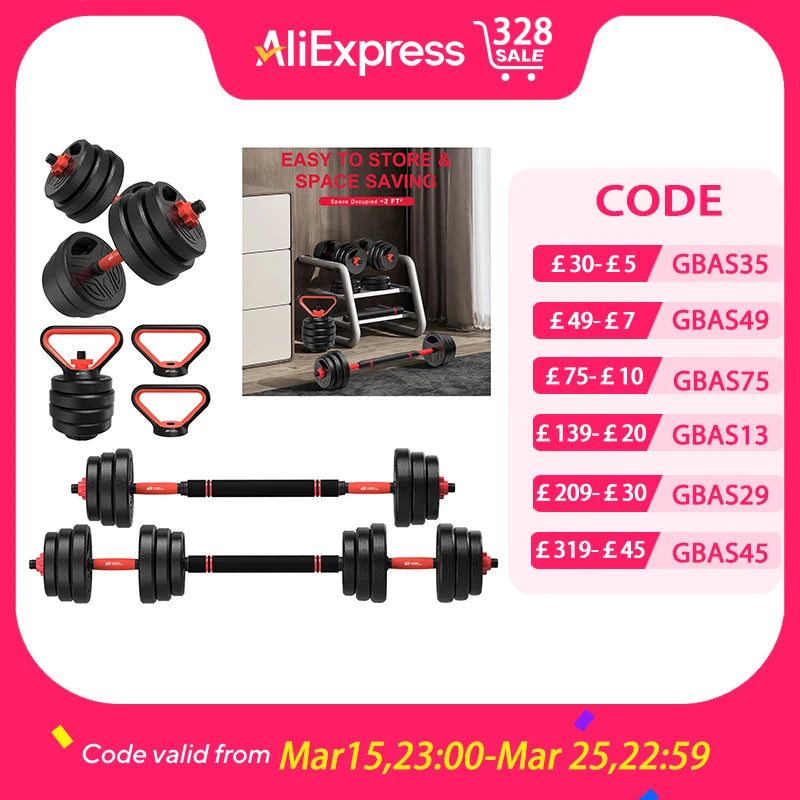 3-in-1 Dumbbells Set 20 kg Adjustable Dumbbells with Extra Barbell Bar Plastic-Coated Weight Plates Fitness Exercise Home Gym