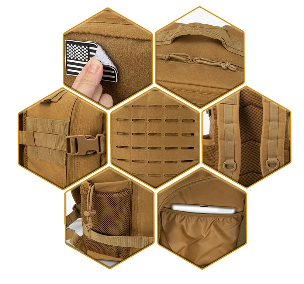 25L GYM Tactical Backpacks for Men Survival Laser Cut Molle Daypack Small Bug Out Bag Hunting Rucksack with Dual Cup Holders