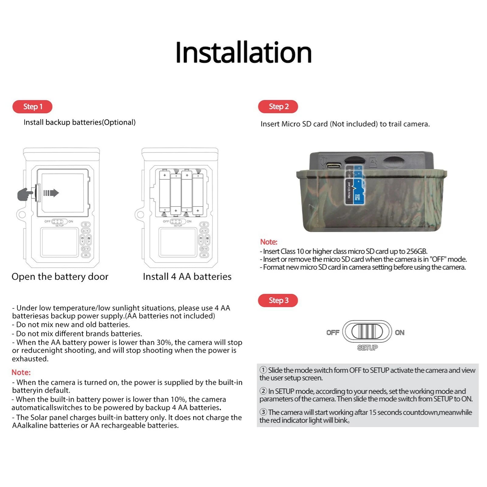 Solar Powered Night Vision Trail Camera 50MP 4K Hunting Cameras 0.3s Trigger Time Trail Camera for Wildlife Monitoring Hunting