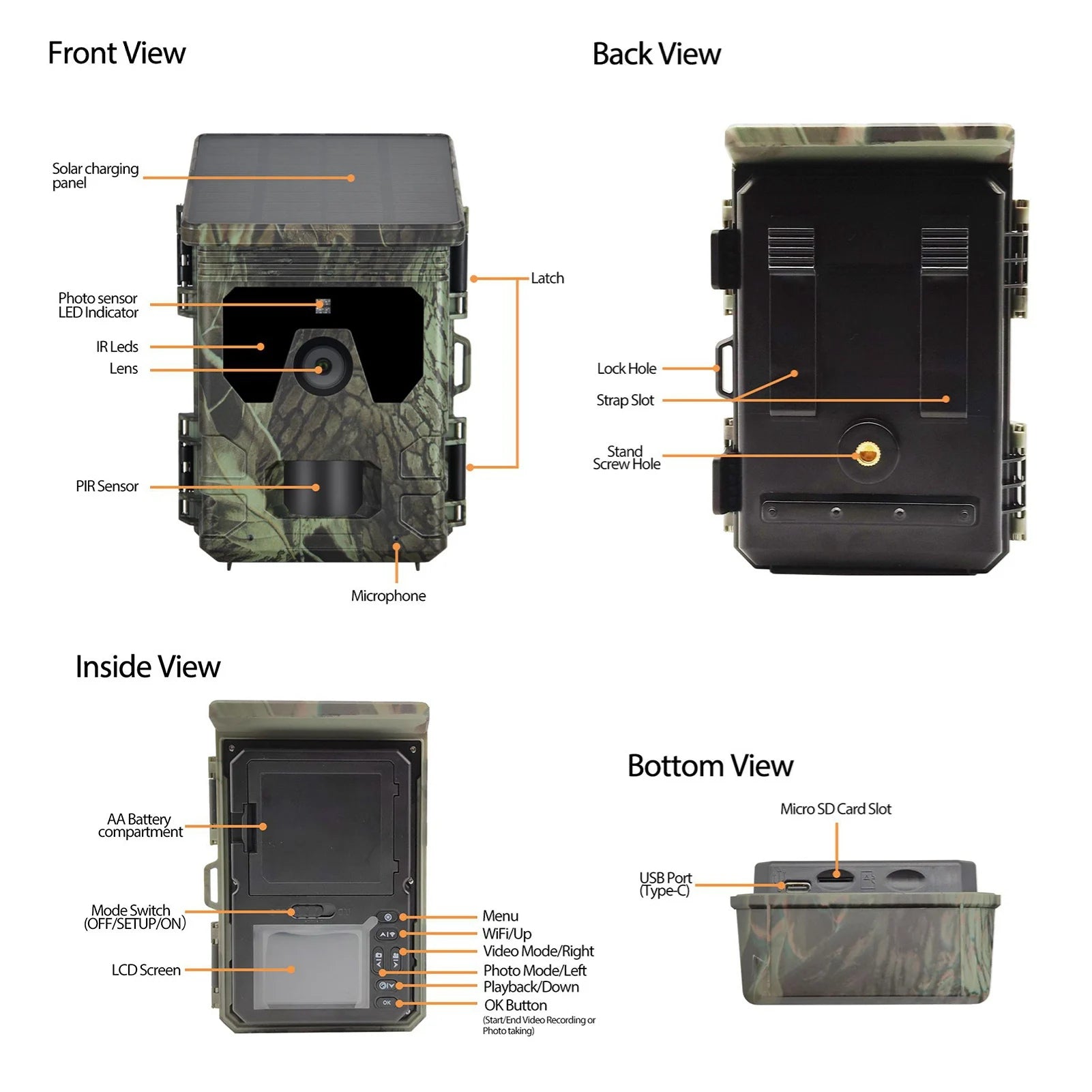 Solar Powered Night Vision Trail Camera 50MP 4K Hunting Cameras 0.3s Trigger Time Trail Camera for Wildlife Monitoring Hunting