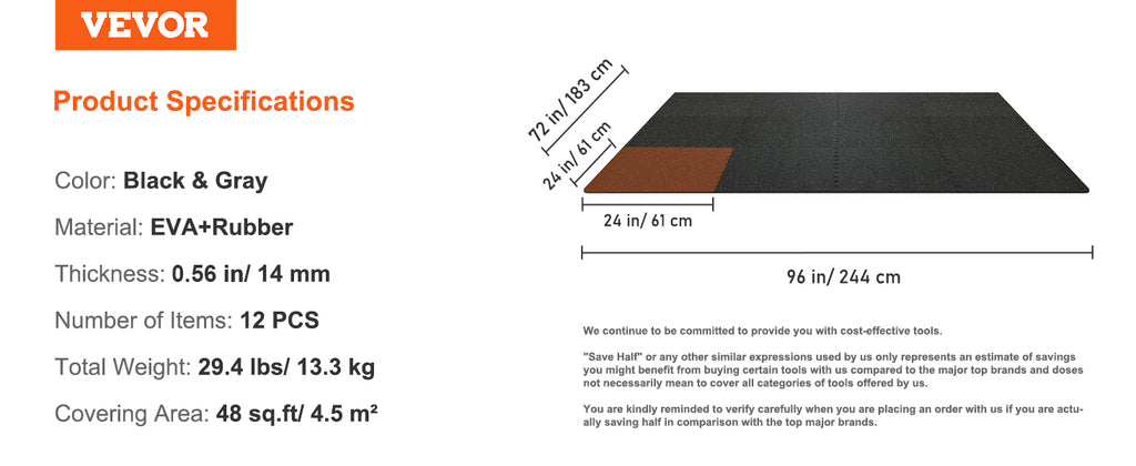 SucceBuy 25/12/6 PCS 1/2 in Thick Gym Floor Mats EVA Foam & Rubber Top Interlocking Workout Floor Mats Waterproof Exercise Mats