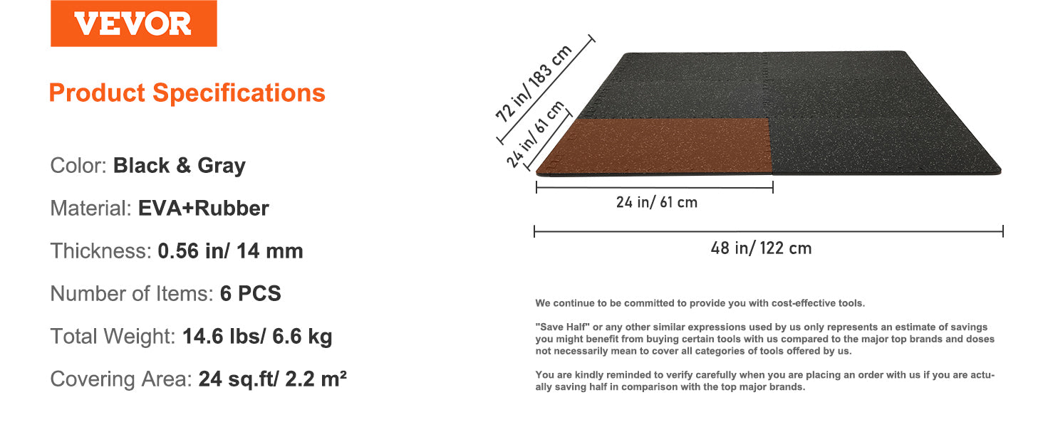 SucceBuy 25/12/6 PCS 1/2 in Thick Gym Floor Mats EVA Foam & Rubber Top Interlocking Workout Floor Mats Waterproof Exercise Mats